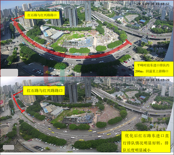 圖8 紅石路-紅興路路口優(yōu)化前后東進口排隊情況